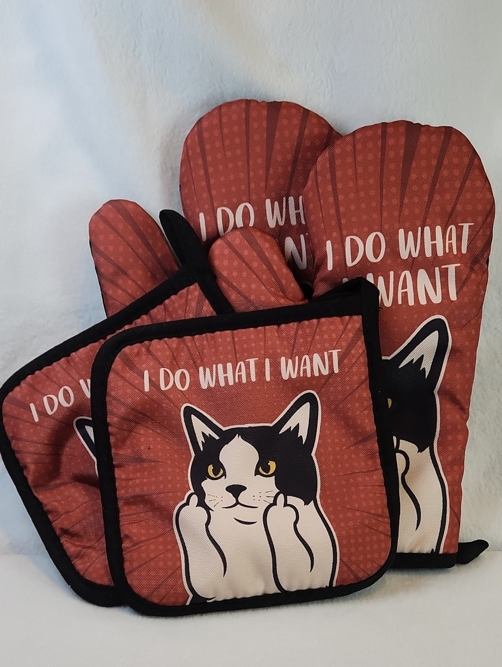 I Do What I Want 2 Brown Cat Oven Mitt and 2 Pot Holder Set